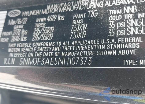 2022 Hyundai Tucson Sel z USA, uszkodzony, nr VIN 5NMJF3AE5NH107373